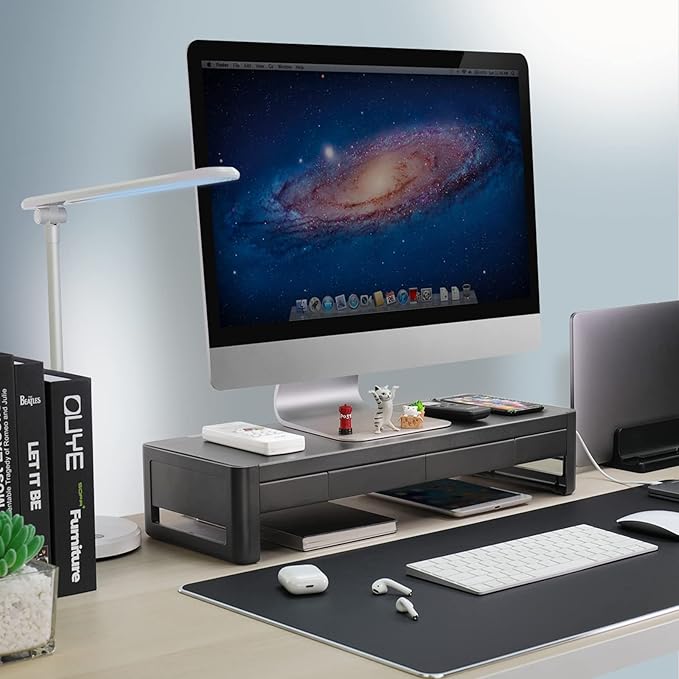 meatanty 2 in 1 Monitor Stand Riser with 2 Storage Drawers and 4 USB Ports, Metal Computer Monitor Stand Supports Transfer Data and Charging, Desk Organizer for PC,Laptop,iMac (21 inches)