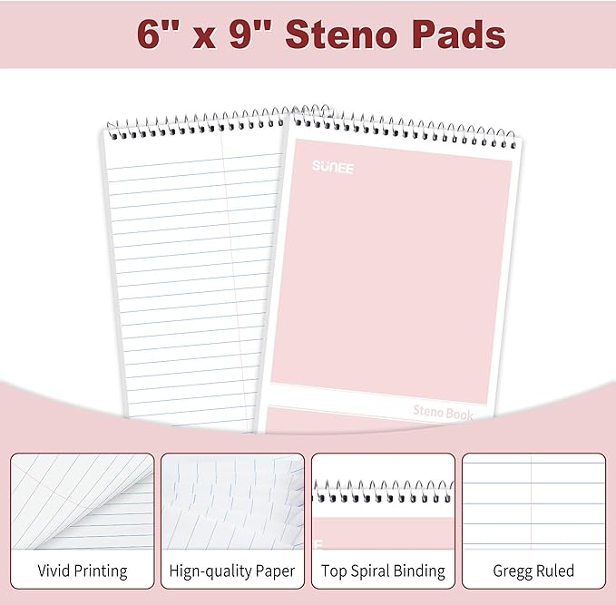 SUNEE 12 Pack Steno Pads 6x9, Gregg Rule, 60 Sheets, 6 Assorted Color Spiral Notebook 6x9, White Paper, Take Notes with Top Spiral Notebook, for School, University, College, Work, Office
