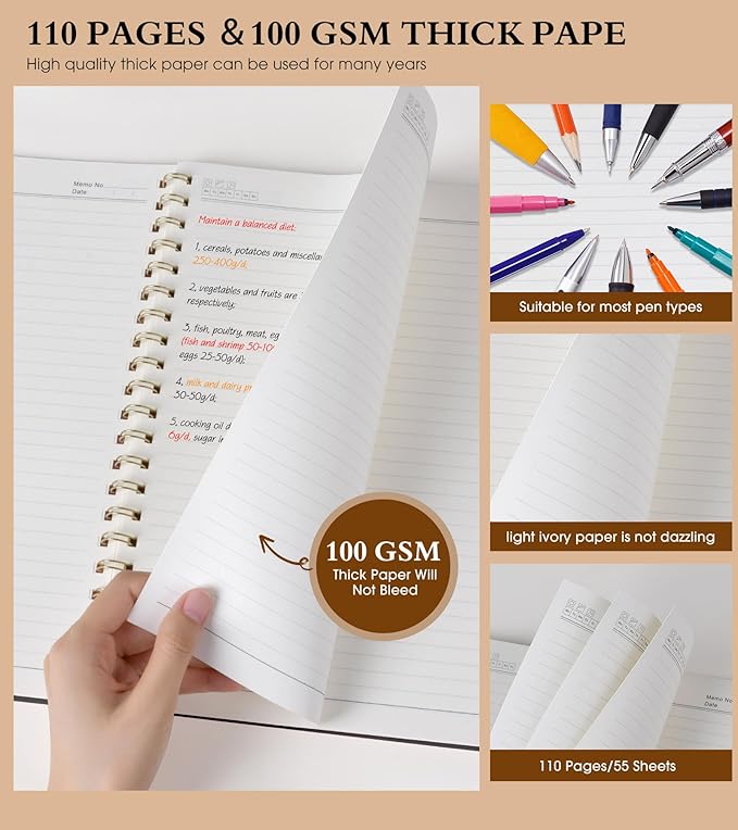 Spiral Notebook Journal 8.5” x 11”, A4 Large Notebooks for Women Men, College Ruled Lined Journal, 100 GSM Paper, Plastic Hardcover Spiral Bound Journals for Work School Note Taking Business, Black