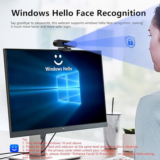 Window Hello Webcam, 1080P 30fps Camera with Noise-reducing Mic, Plug & Play, 90° Wide Angle, Built-in Privacy Cover, 360° Rotation Pan & 90° Tilt, Perfect for Zoom, Google Meet, Microsoft Teams