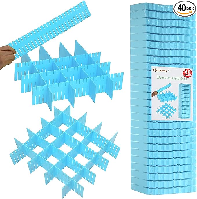 40Pcs Drawer Dividers, Adjustable Drawer Organizer for Socks, Underwear, Makeup, Can Help Tidy Kitchen, Bedroom, Dresser Blue