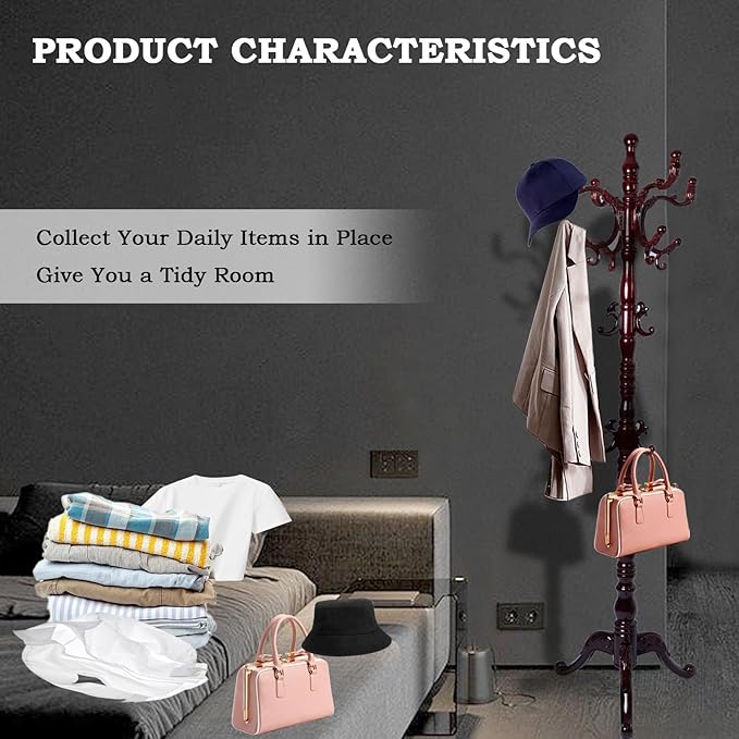 Coat Racks FreeStanding with 14 Hooks, Natural Wood Coat Rack with Solid Round Base, Adjustable Height Coat Racks, Easy Assembly for Hallway, Bedroom and Office (Reddish brown-Tri-Legged Base)