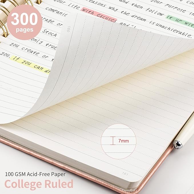 EMSHOI B5 Leather Hardcover Spiral Notebook - 300 Numbered Pages, 100 GSM Thick Paper, College Ruled Journal for Work, Writing & Note-Taking, 7.48" x 10.15", Rose Gold for Men & Women