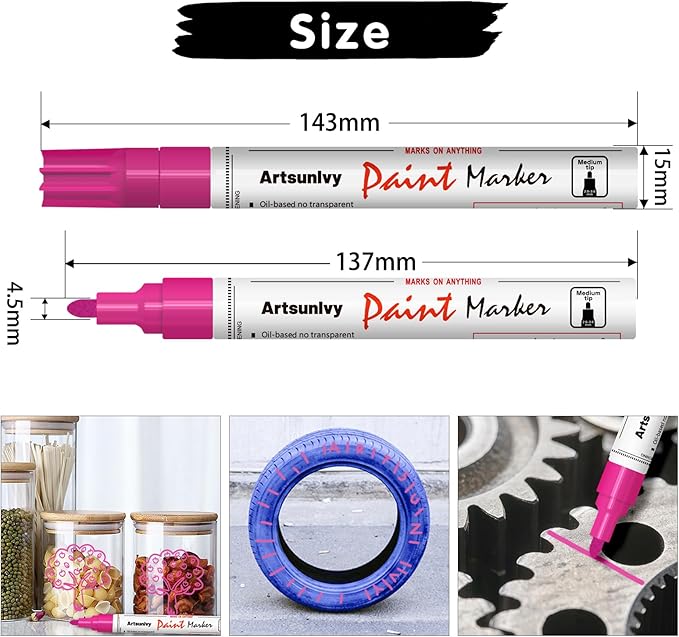 Pink Paint Pens Permanent Markers - 2 Pack Paint Markers for Metal, Rubber,Wood, Rocks, Canvas, Plastic, Dark Surface, Craft Art Supplies, Medium Tip, Quick Dry, Waterproof