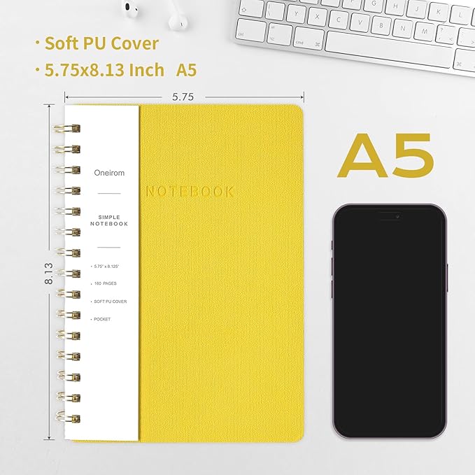 Lined Spiral Notebook College Ruled A5 Journal Book for Note Taking, 160 Pages Writing Journal for Office and Home School Supplies 5.75x8.125 inch (3pack-Light Yellow/Reef Blue/Navy Blue)