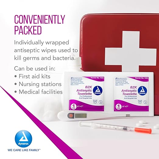 Dynarex BZK Antiseptic Towelettes - 5"x7" - Benzalkonium Chloride, Hand Sanitizing Wipes or First Aid Wound Wipes, 1 Case of 1000 (Packaging May Vary)