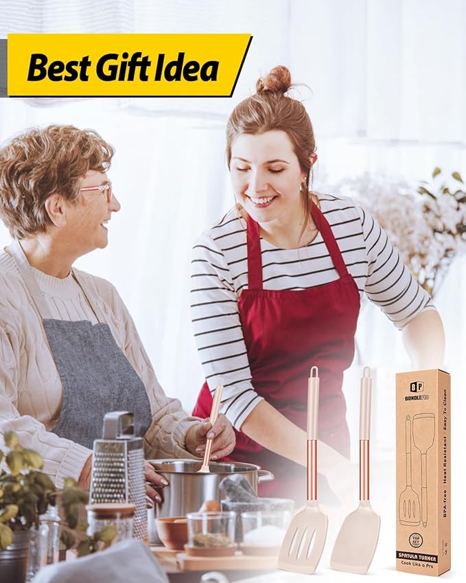 Pack of 2 Silicone Solid Turner, Non Stick Slotted Kitchen Spatulas, High Heat Resistant BPA Free Cooking Utensils, Ideal Cookware for Fish, Eggs, Pancakes(Rose Gold Khaki)