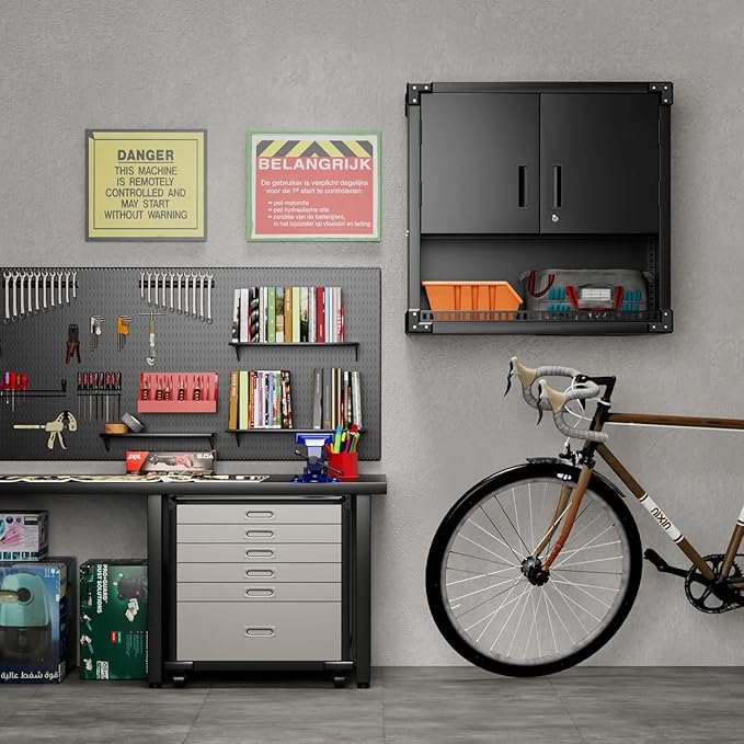 INTERGREAT Metal Wall Storage Cabinet with Locking Door and Adjustable Shelves, 31" Black Wall-Mounted Tool Cabinet for Garage,Warehouse,Office,Basement