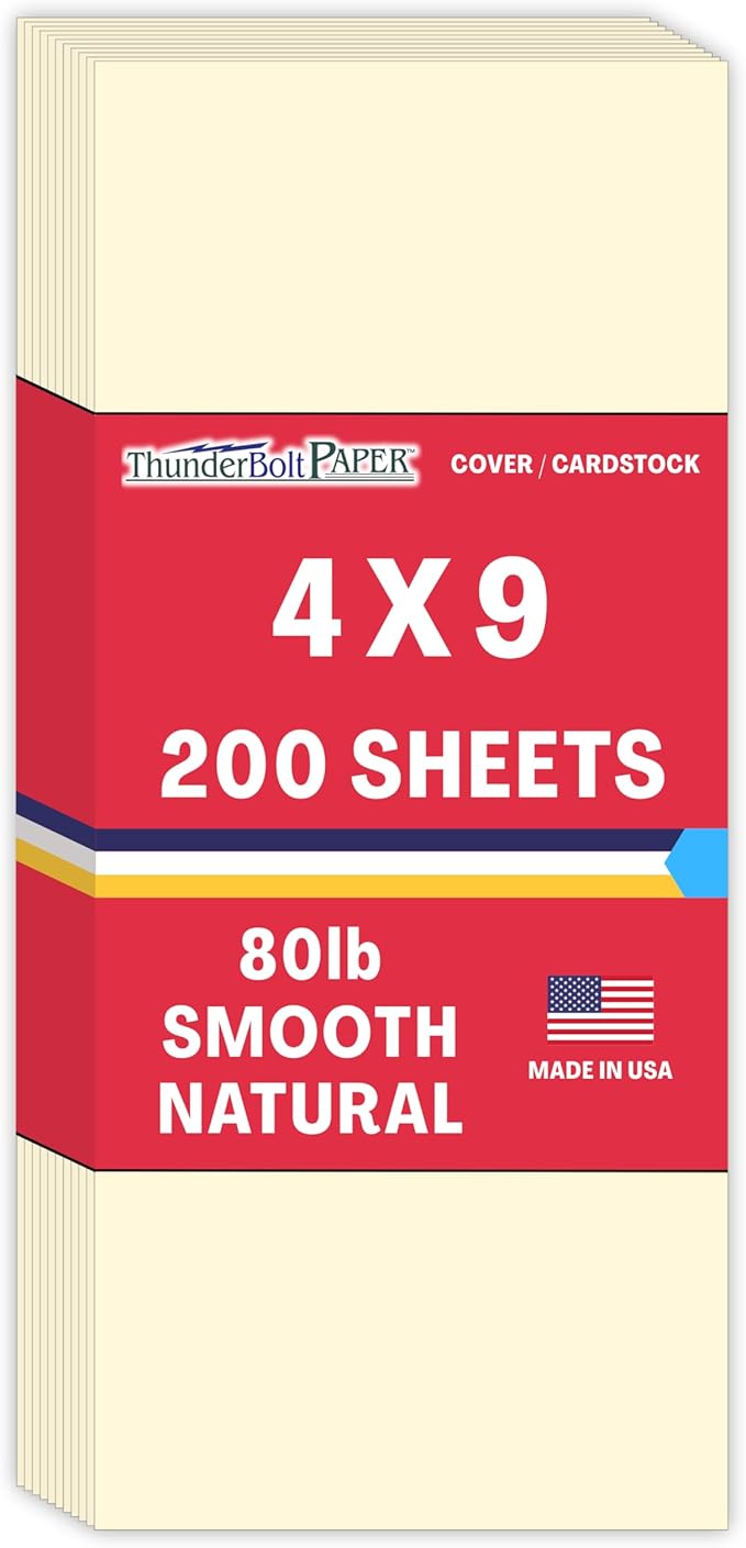 200 Natural Smooth Card Stock Sheets Paper - 4" X 9" (4X9 Inches) #10 Envelope Insert Size - 80# (80 lb/Pound) Cover Weight - Quality Paper - Smooth Finish