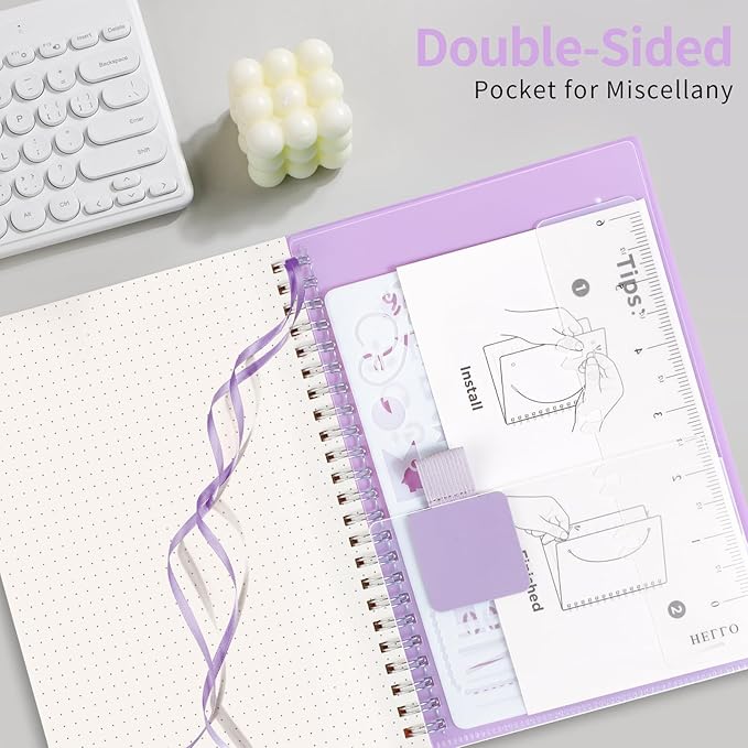 AHGXG Bullet Dotted Journal - Dot Grid Spiral Notebook A5, 160 Pages, 100 GSM Thick Paper, Waterproof Plastic Cover Journals for Bullet Journaling, Sketching, 5.7" x 8.3", Purple