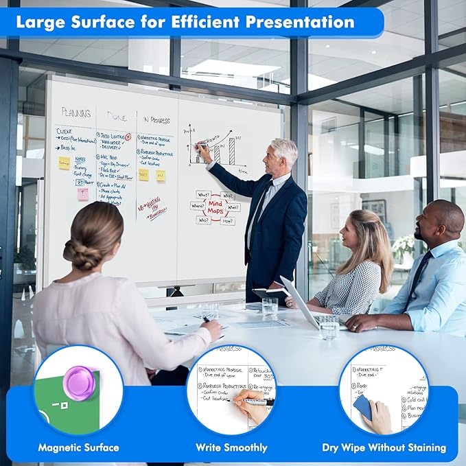 maxtek 60 x 48 Double Sided Rolling Whiteboard, Mobile Whiteboard Magnetic White Board - Large Reversible Dry Erase Board Easel Standing Board on Wheels with Stand (60 x 48)