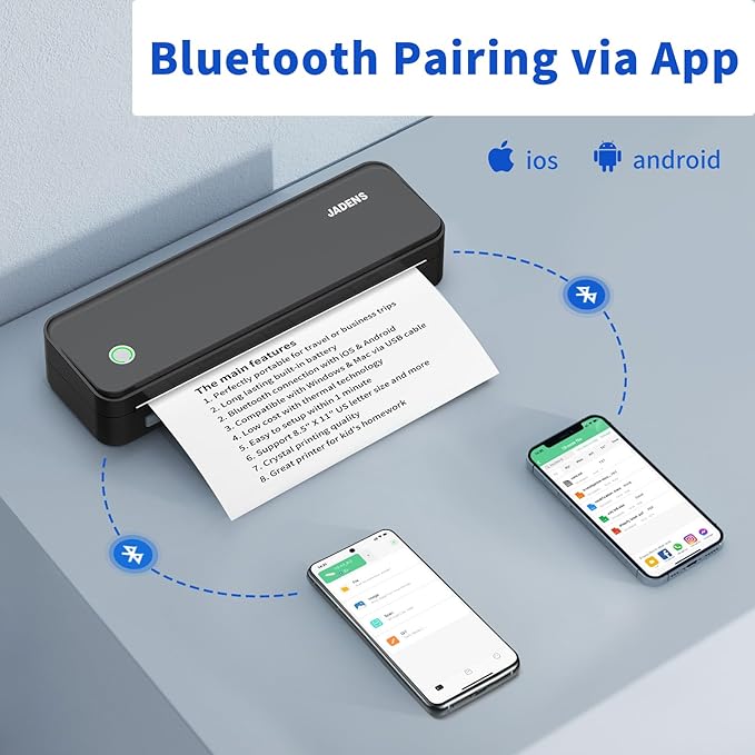JADENS Bluetooth Thermal Printer, Support 8.5" X 11" US Letter, Portable Printers Wireless for Travel, Inkless Printer Compatible with iOS, Android, Mobile Printer for Home, Office, School