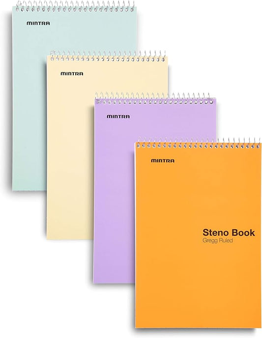 Mintra Office Steno Book - (Pastel Colors, 4 Pads/Pack, Gregg Ruled) - 6inx9in, 70 Sheets, Notebook for writing notes in school, university, college, work, office