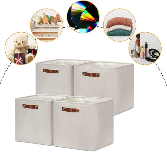 DULLEMELO Storage Bins, 4 Pack Of 13x13x13 Decorative Storage Cube Bins Suit Office, Home, Shelves And Closet, Cube Storage Bin with Leather handle(4 Pack - 13" Beige)