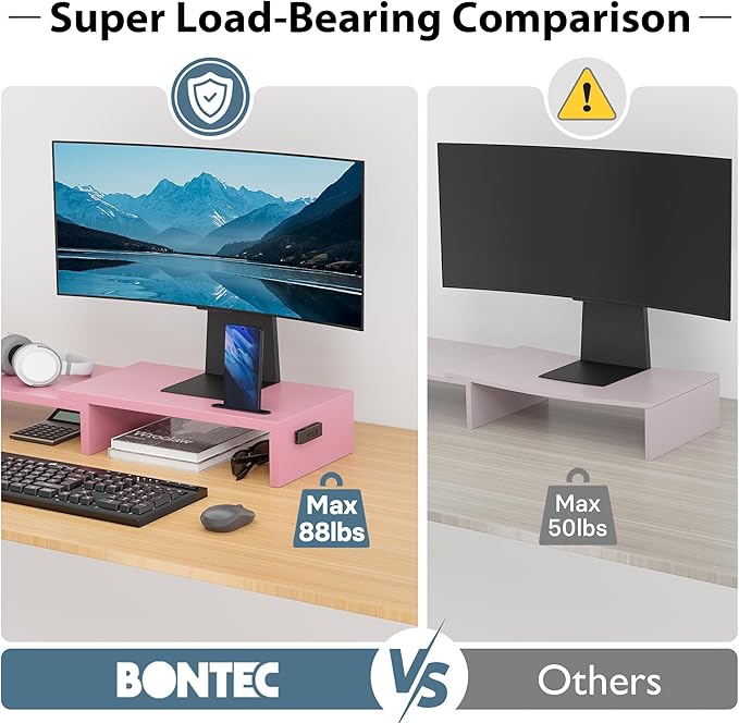 BONTEC Dual Monitor Stand Riser with Smartphone Holder, Adjustable Length & Swivel Angle, Ergonomic Wooden Desktop Organizer for PC Monitor, Laptop, Printer, Large Storage, Pink