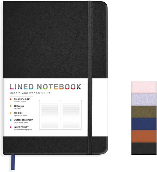 Lined Journal Notebook for Women Men, 200 Pages A5 Hardcover Leather Journals for Writing,Travel,School,Office,Work,Business,College Ruled Notebooks for Note Taking, Diary Notepad 5.7"×8.3"(Black)