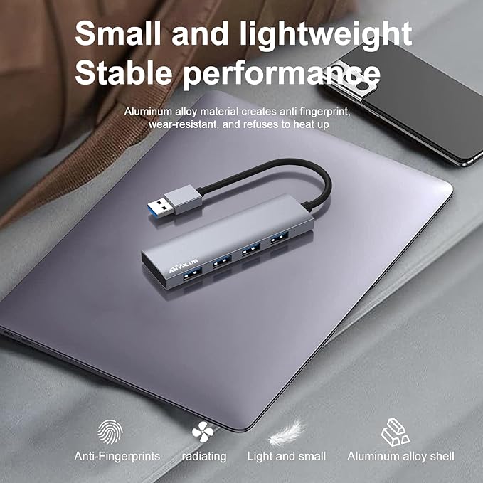 USB Hub, USB 3.0 Hub Aluminum Alloy Ultra Slim USB Splitter, Portable 4 Port USB Extender, USB Hub for Laptop, PC, MacBook, iMac, Surface Pro, Mac Pro, Flash Drive, XPS 【Grey】