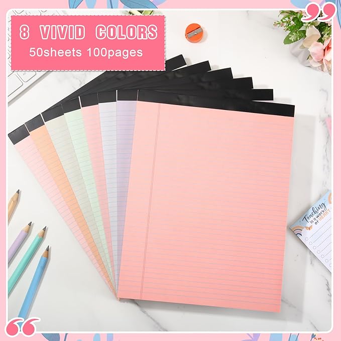 Fuutreo 8 Pcs 8.5'' x 11'' Colored Legal Pad Writing Pads Narrow Ruled 50 Sheets Per Notepad Perforated Writing Notepad Office Supplies for College Office Business (Sweet Color)