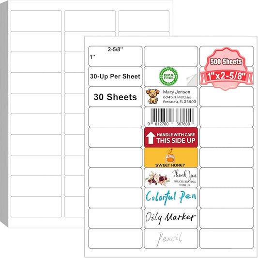 Address Labels 1" x 2-5/8", 15000 Printable Labels for Mailing, Envelopes, Laser/Inkjet Printer, 8.5"×11" White Label Stikcers Paper 30 Up Blank Label Per Sheet,(500 Sheets)