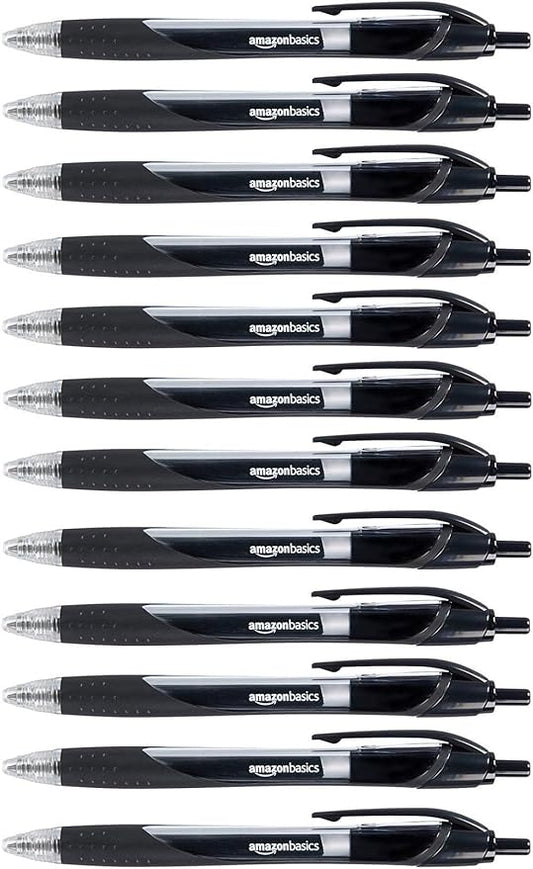 Amazon Basics Retractable Gel Ink Pens, Fine Point, Smooth Writing, Black, 12-Pack