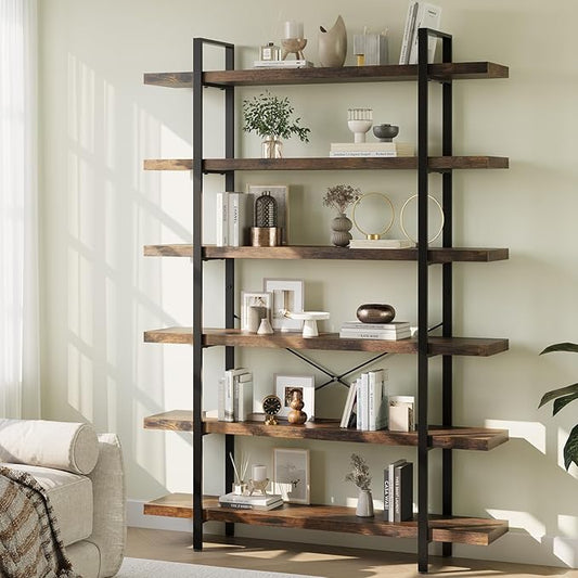 Heavy Duty 6-Tier Industrial Bookcase, 47" Wide Wood Bookshelf for Home Office, 120lbs Shelf Capacity, Rustic Open Shelving Display with Reinforced Horizontal Shelf for Living Room Bedroom