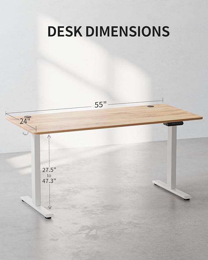 FEZIBO One-Piece Standing Desk Adjustable Height Stand up Home Office Desk, 55x24 Inch Electric Standing Computer Desk, with 4 Memory Presets, Fixable casters, Light Rustic