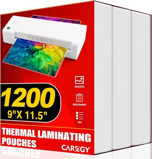 CAREGY Thermal Laminating Pouches, Holds 8.5 x 11 Inch Sheets,1200 Pack Laminating Sheets, 3 Mil, 9 x 11.5 Inches Lamination Sheet Paper for Laminator, Clear, Letter Size, Office and School Supplies