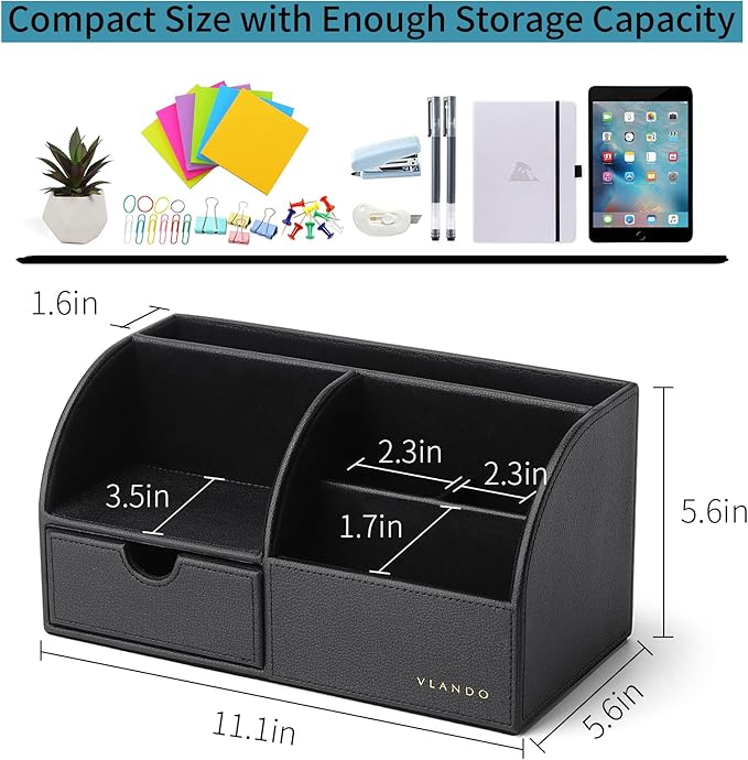 Vlando Office Desk Organizer Leather Desktop Organizer Caddy with Drawer for Storing Desktop Supplies and Accessories (Black)