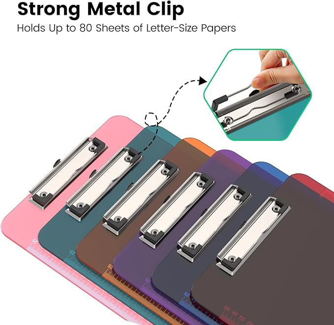Bulk Clipboards Set of 6, 8.5x11 Plastic Colored Clear Clip Board with Ruler, Suitable for Classroom, Students, Kid, Size 9" x 12.5" with Low Profile Clip, Office & School Supply