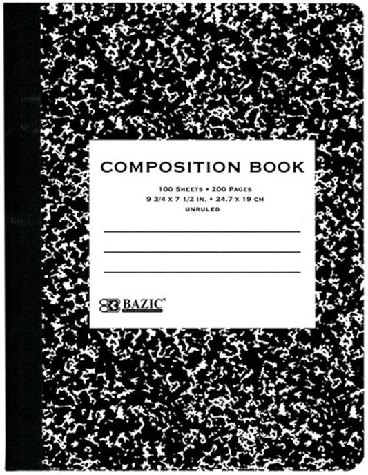 BAZIC Composition Book Blue Marble Unruled Ruled 100 Sheet Notebook, Blank Page Journal Comp Notebooks for School, 1-Pack