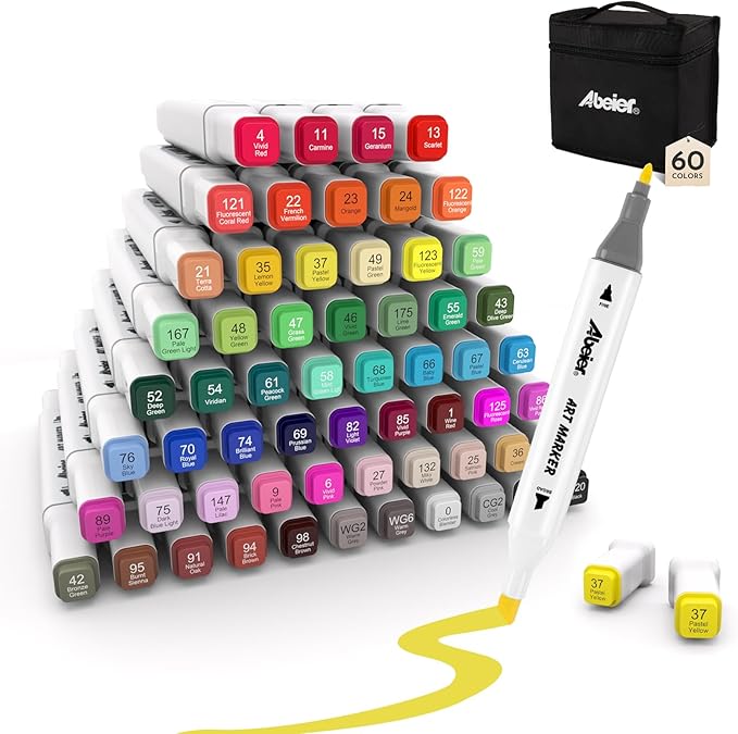 ABEIER Alcohol Markers, 60 Colors Dual Tip (Fine & Chisel) Art, Coloring Markers for Adults Kid, Ideal for Book Drawing Sketching Painting, Card Making, Includes 1 Colorless Blender