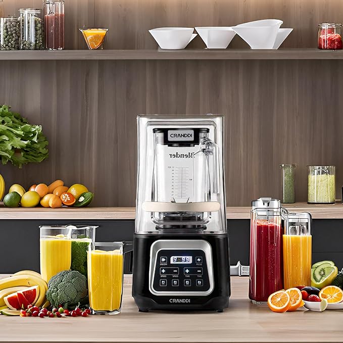 CRANDDI Commercial Smart Smoothie Blender - 2200W High-Power Professional Blenders for Smoothies & More, 4 Pre-Set Programs, Quiet Blender with Removable Shield, 52oz Jar, 120V, K80TS (Black)
