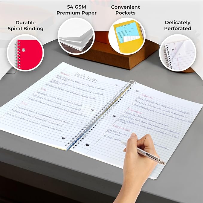 3 Subject Notebook College Ruled, 6 Pack, 150 Sheets(300 Pages), No-Bleed Paper, 3 Hole Punched, 8x10-1/2, 3 Subject Spiral Notebook for School, Home & Office, Assorted Colors