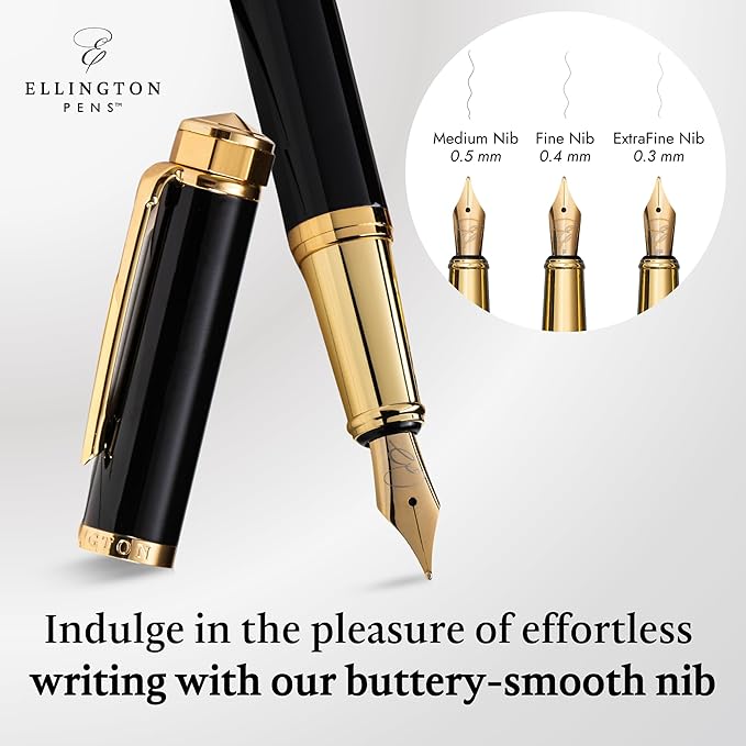 Luxury Fountain Pen Set- Fountain Pens for Writing - Smooth Fine Nib - Includes Refillable Ink Converter, 3 Ink Cartridges [Black & Blue], Gift Box - Elegant Calligraphy