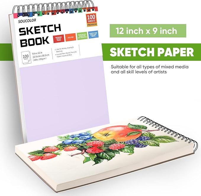 Soucolor 9" x 12" Sketch Book - 2 Packs, 100-Sheets Each (68lb/100gsm) Drawing Pad for Girls and Women - Christmas, Birthday, Thank You Gifts and Stocking Stuffers