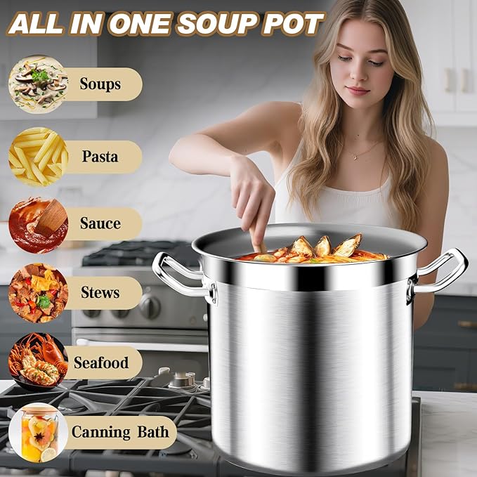 Large Stock Pot - 75QT Stainless Steel Stockpot with Lid, Heavy Duty Tri-Ply Bottom Commercial Grade Soup Pot for Cooking Soup, Stew, Canning, Oven, Gas, Ceramic, Dishwasher Safe