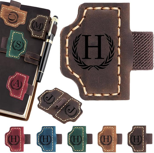 Artlaza Personalized Magnetic Leather Bookmark with Pen Holder - 26 Letters Custom Book Mark with Name Initial Engraved Book Marker for Readers, Book Lovers, Travelers - Gift for Women & Men(Brown，H