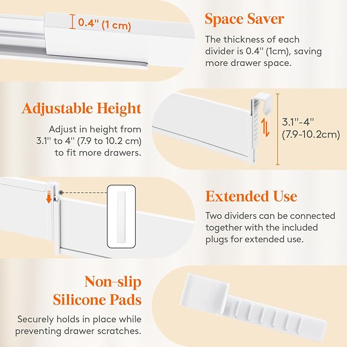 Lifewit Hanging Kitchen Drawer Dividers 3.1" High, 10-17" Adjustable Drawer Organizers for Utensils, Expandable Dresser Separators in Kitchen/Bedroom/Bathroom/Vanity/Office, White(6 Pack)