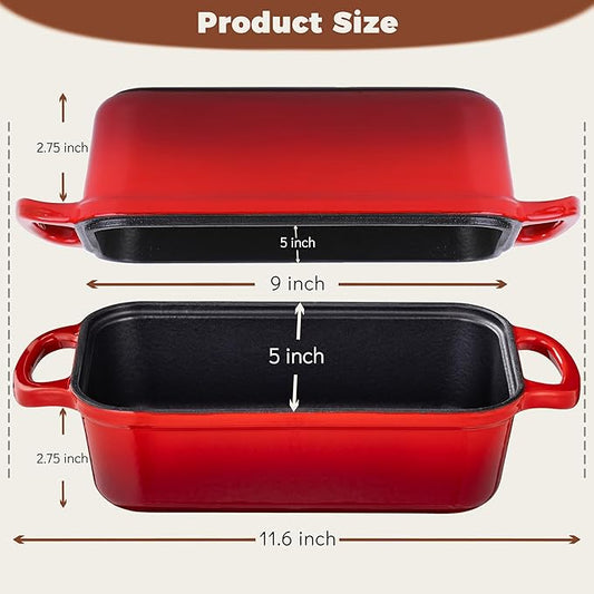 Cast Iron Bread Loaf Pan with Lid, Loaf Pans for Baking Bread 9x5, Enameled Bread Pans for Homemade Bread, Sourdough, Set of 2, Cherry