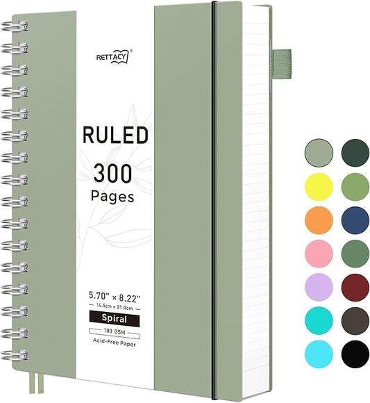 RETTACY Spiral College Ruled Notebook, 300 Pages, A5 Medium Size (5.7" × 8.2"), for School, Work, Writing, Journaling, 100 GSM Thick Paper, Flexible Plastic Cover (Light Green)