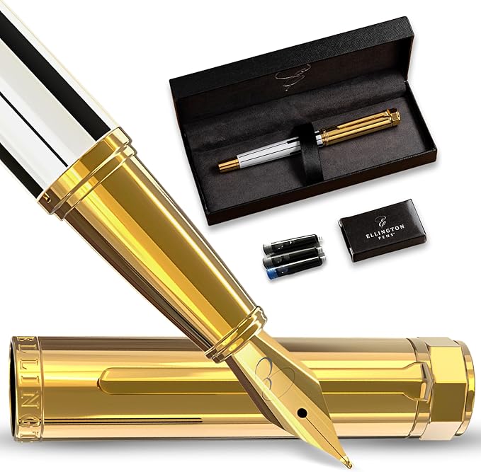 Luxury Fountain Pen Set- Fountain Pens for Writing - Smooth Medium Nib - Includes Refillable Ink Converter, 3 Ink Cartridges [Black & Blue], Gift Box - Elegant Calligraphy