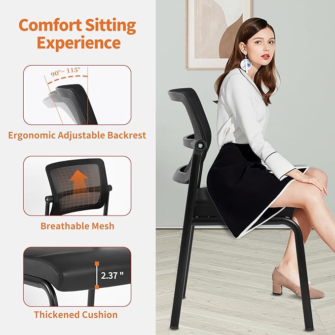 CLATINA Stacking Waiting Room Chairs, Adjustable Mesh Backrest Armless Office Guest Reception Chair with Leather Cushion and Ergonomic Lumbar Support for Conference Lobby Side School Classroom, 4PK