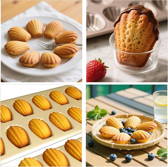 Madeleine Pans Set of 2, Nonstick 12-Cavity Madeleines Mold Cookie Tray for Baking, Heavy Duty Warp Resistant Cute Shell Shape Madeleine Mold Cake Pan-Gold