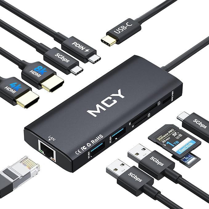 MCY USB C Hub,Laptop Docking Station Dual Monitor Single 8K,2x4K@60Hz,10 in 1 Type-C Multiport Adapter with 2 HDMI,PD100W,Extender Splitter,Card Reader,Ethernet Dock for Mac/Dell/HP/Surface/Steam Deck