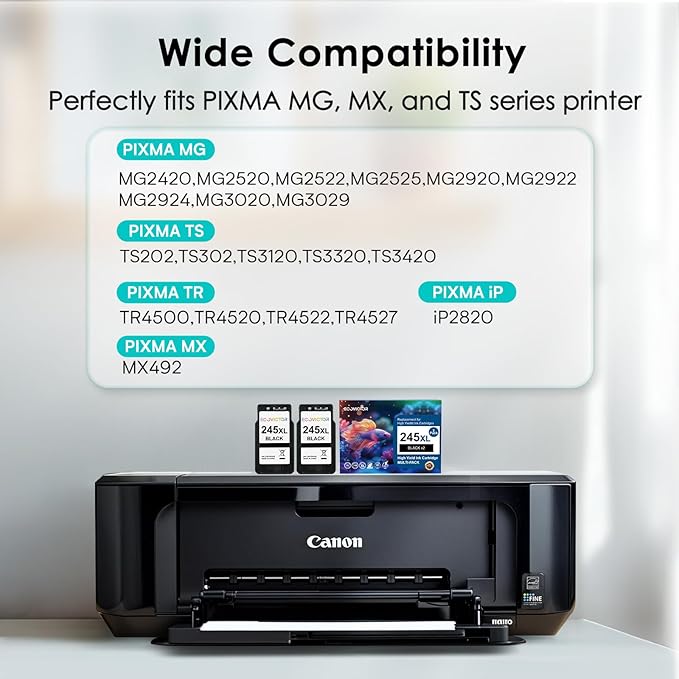 EcoVictor 245XL Black Ink Cartridge Replacement for Canon 245 XL PG-245 XL (Black 2 Pack) Compatible to Pixma MX490 MX492 MG2522 TR4520 TR4500 TS3122 TS3322 MG2520 MG2500 MG3022 TS3320 TR4522 Printer