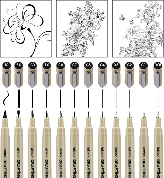 Micron 12-Piece Fineliner Pen, Assorted Point Sizes 0.05 to 3mm & Brush Pens, for Art, Writing & Bullet Journaling - Assorted Point Sizes (12 Point Sizes)