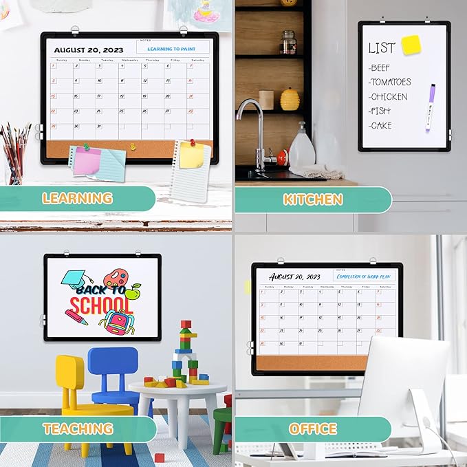 Monthly Calendar Whiteboard Dry Erase Cork Board Combination for Wall, 17x13 Magnetic Dry Erase Board, Double-Sided White Board, Portable Board for Office, Planning, Memo, School, Home (Black)