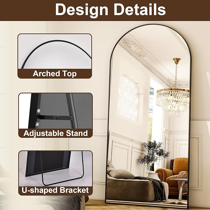 Arched Black Full Length Mirror, 22"x68" Large Floor Mirror with Stand,Hanging or Leaning Full Body Mirror with Aluminum for Living Room and Bedroom