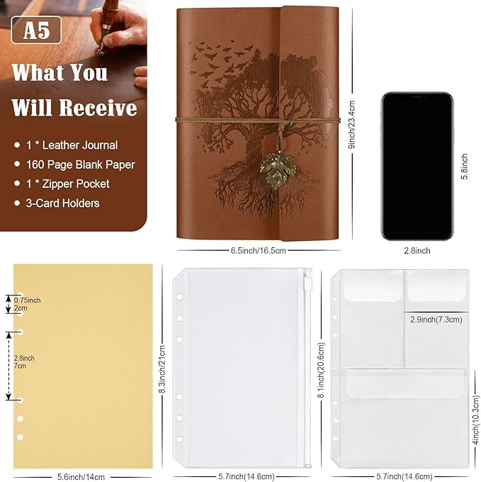 OMEYA PU Leather Journals Notebooks with Blank Pages, Vintage Refillable Journal for Writing, Travel Diary Art Sketchbook to Write in, Gifts for Women, Men, Teen Girls and Boys, 160 Pages (Brown, A5)