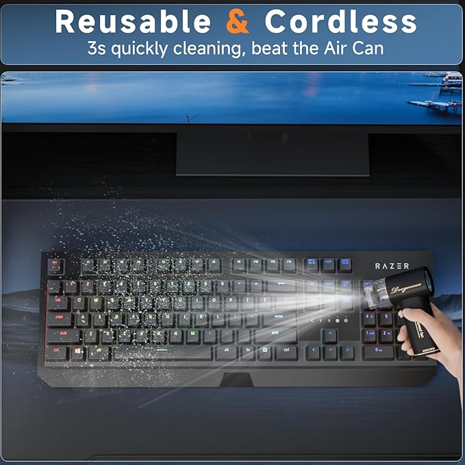 Mini Compressed Air Duster, 5 Gear Adjustable 80000RPM [Small But Powerful] Cordless Electric Air Blower, Fast Charging & Reusable Dust Cleaner for Computer, Keyboard, House & Car (Black)